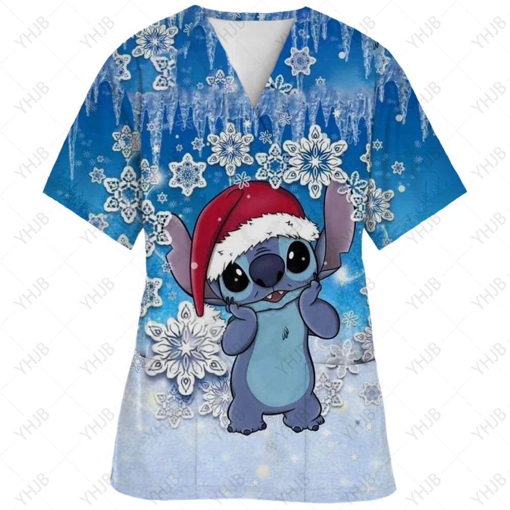 Disney Stitch Printed Nurse Scrubs Women Nurse Uniform V-neck Clinic Uniform Hospital Healthcare Spa T-shirt Blouse