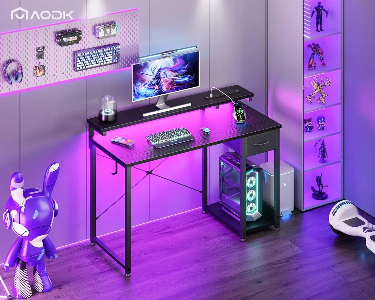 AODK with LED Lights & Power Outlet,40 in Computer Desk with Drawer,Reversible Desk with Adjustable Monitor Shelf Fr Home Office