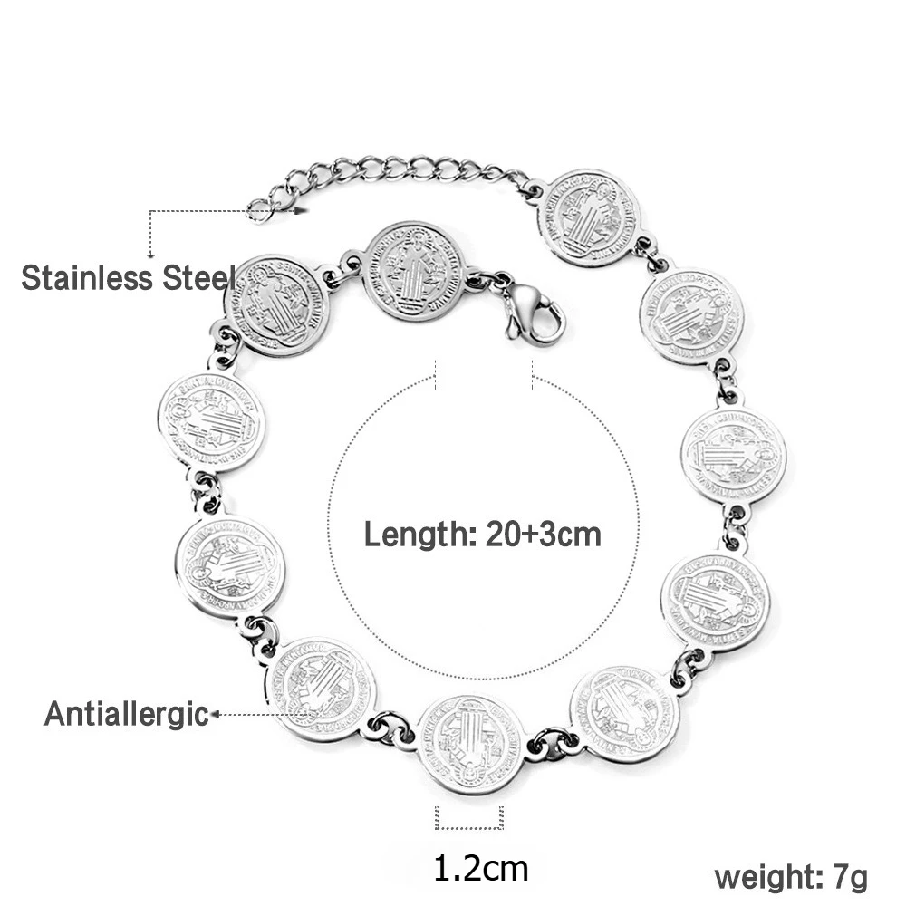 Heiliger Benedikt, 11-teiliges Medaillenarmband, Edelstahl, spiritueller Schutz, Amulett-Armband, Benediktin, Segen, Schmuck – Detail 1