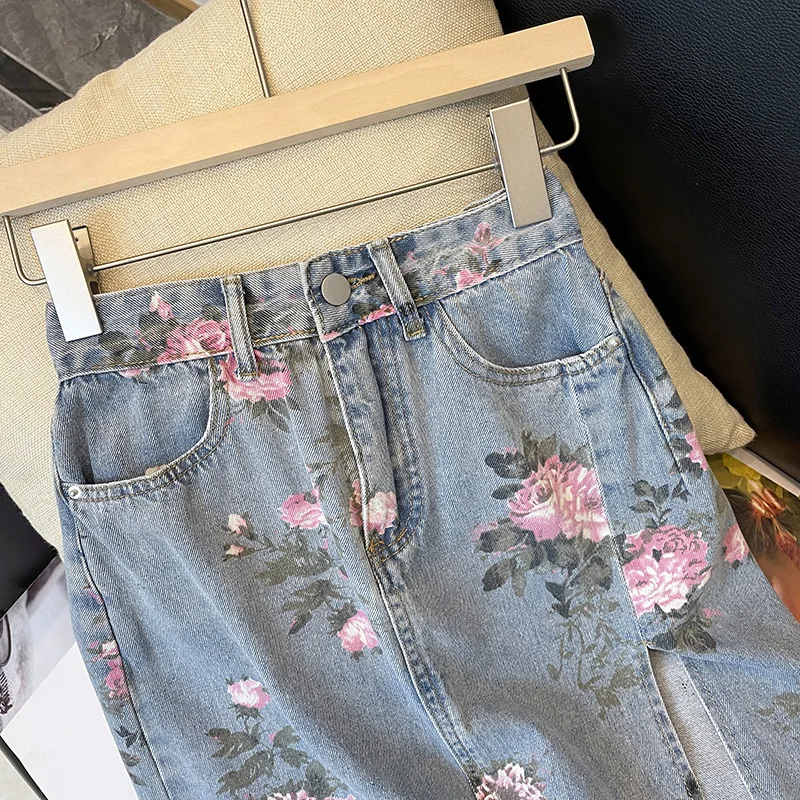 Spring Summer New Vintage Versatile Slimming Slit Denim Print Midi For Women Plus Size Hip-Hugging Mid-Length Skirt