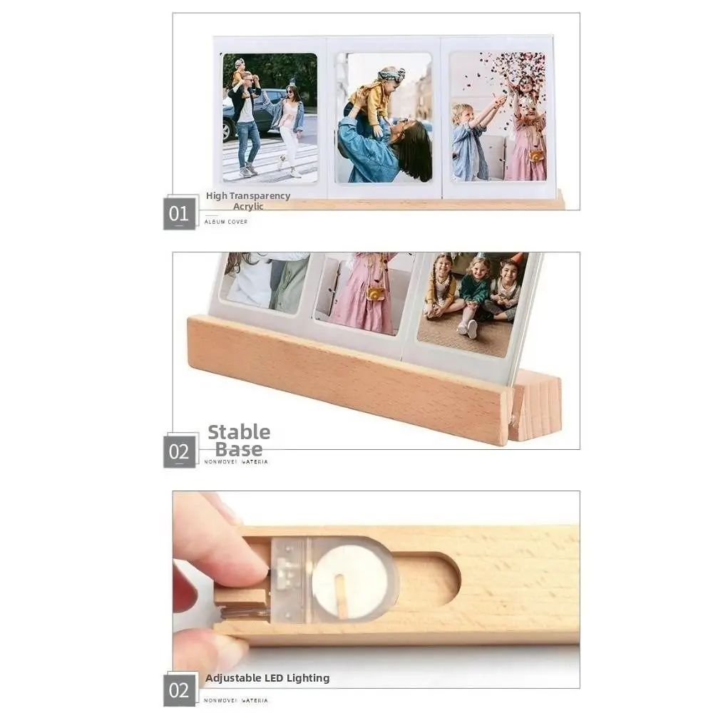 

3 in 1 LED Light Photo Frame Clear Acrylic Wooden Base Photo Holder 3 Inch Photo Ornament Tabletop Photo Display Rack Table Top