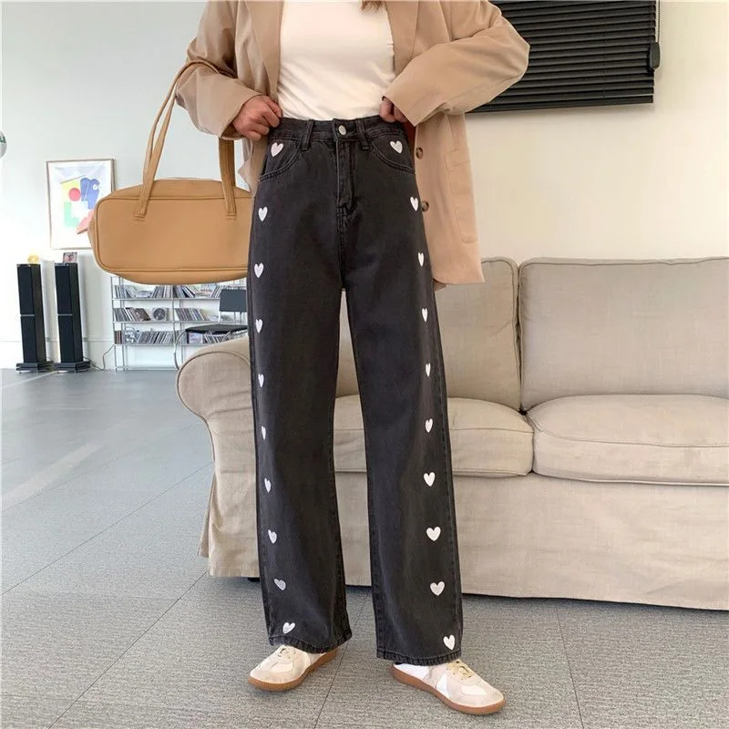 Women\'s Jeans Embroidery Heart Button High Waisted Denim Trousers Female Spring Summer Thin Wide Leg Pants Fashion Streetwear