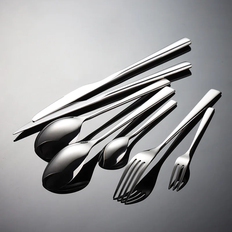 Thick Square Handle Cutlery Stainless Steel Dinnerware Sets Silver Fork Knife Spoon Teaspoon Teafork Full Table Dining Service