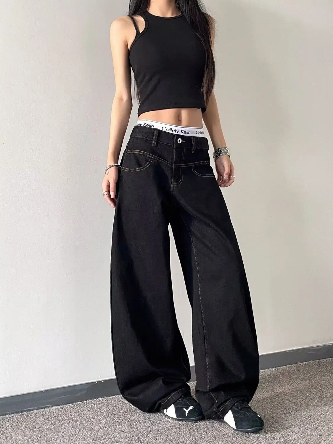 Women’s Simple Style Solid Color Jeans Autumn Streetwear High Waist Baggy Unisex Denim Pants Female Loose Wide-leg Trouser