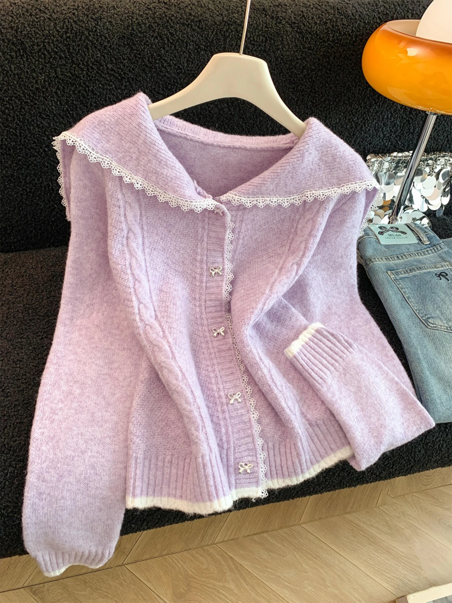 Thiened maglione cardigan aperto con colletto viola lavorato a maglia da donna autunno inverno Faion Lazy Sle Girls caldo lungo Sve Top