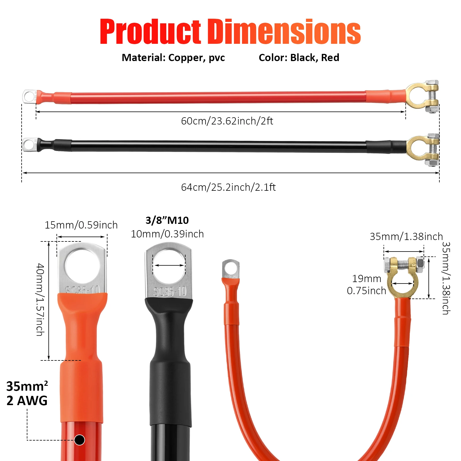2 AWG Battery Cable Set With Battery Clamps Ring Terminals Pure Copper For Car RV Boat Solar Inverter Red Black Leads 12V 24V