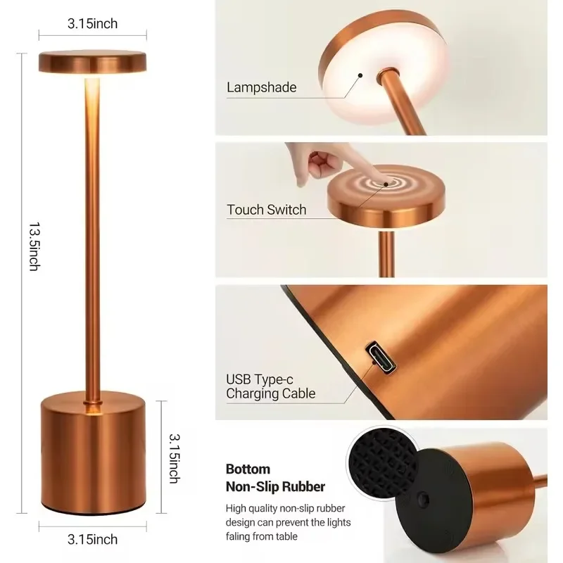 مصابيح طاولة ذهبية، مصابيح مكتبية LED محمولة، إضاءة LED تعمل ببطارية قابلة لإعادة الشحن للمطعم، وحفلات غرفة النوم