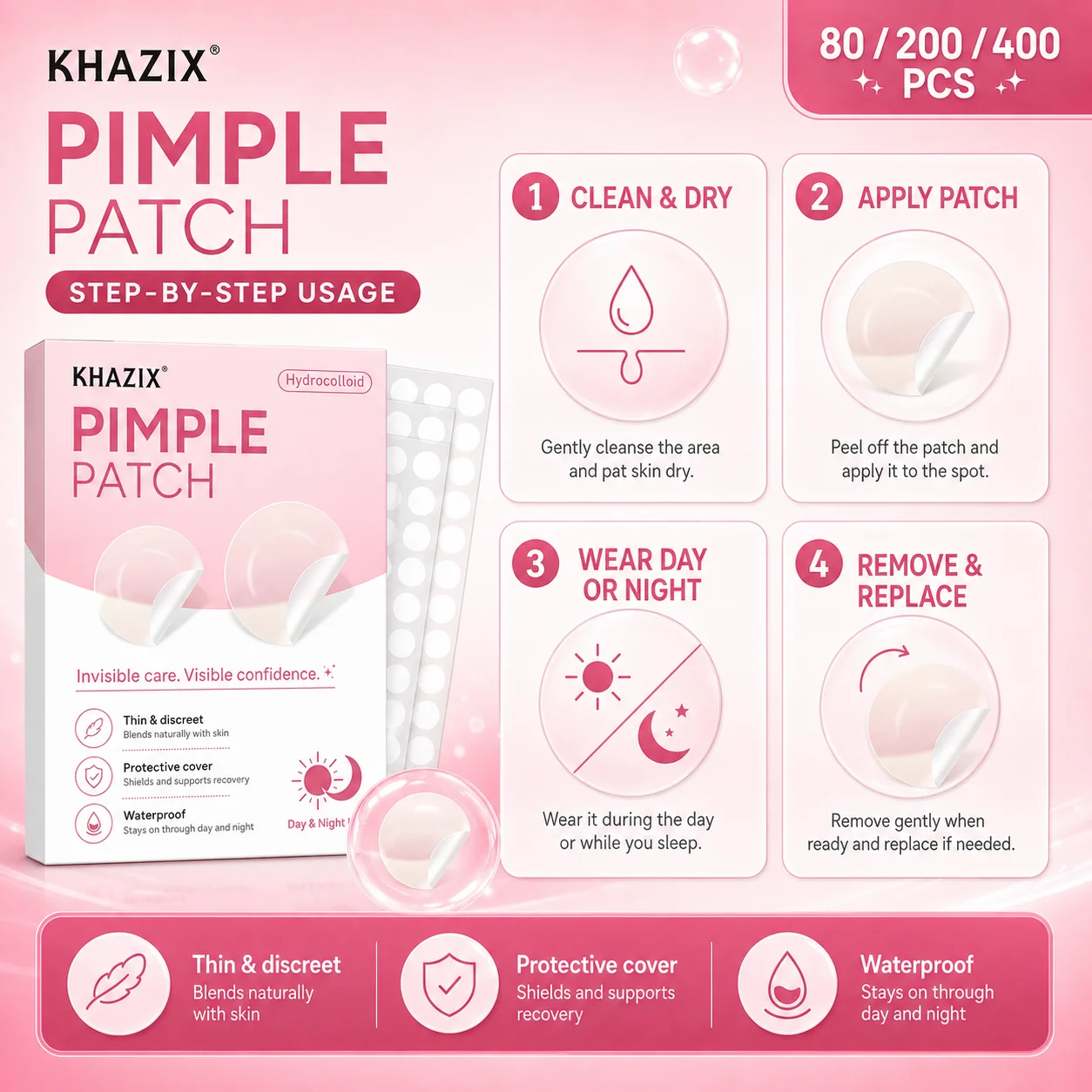 80/200/400Pcs Mini Hydrocolloid Face Patches, Ultra Thin Small Size, Invisible Clear Concealer Stickers, Waterproof Daily Use