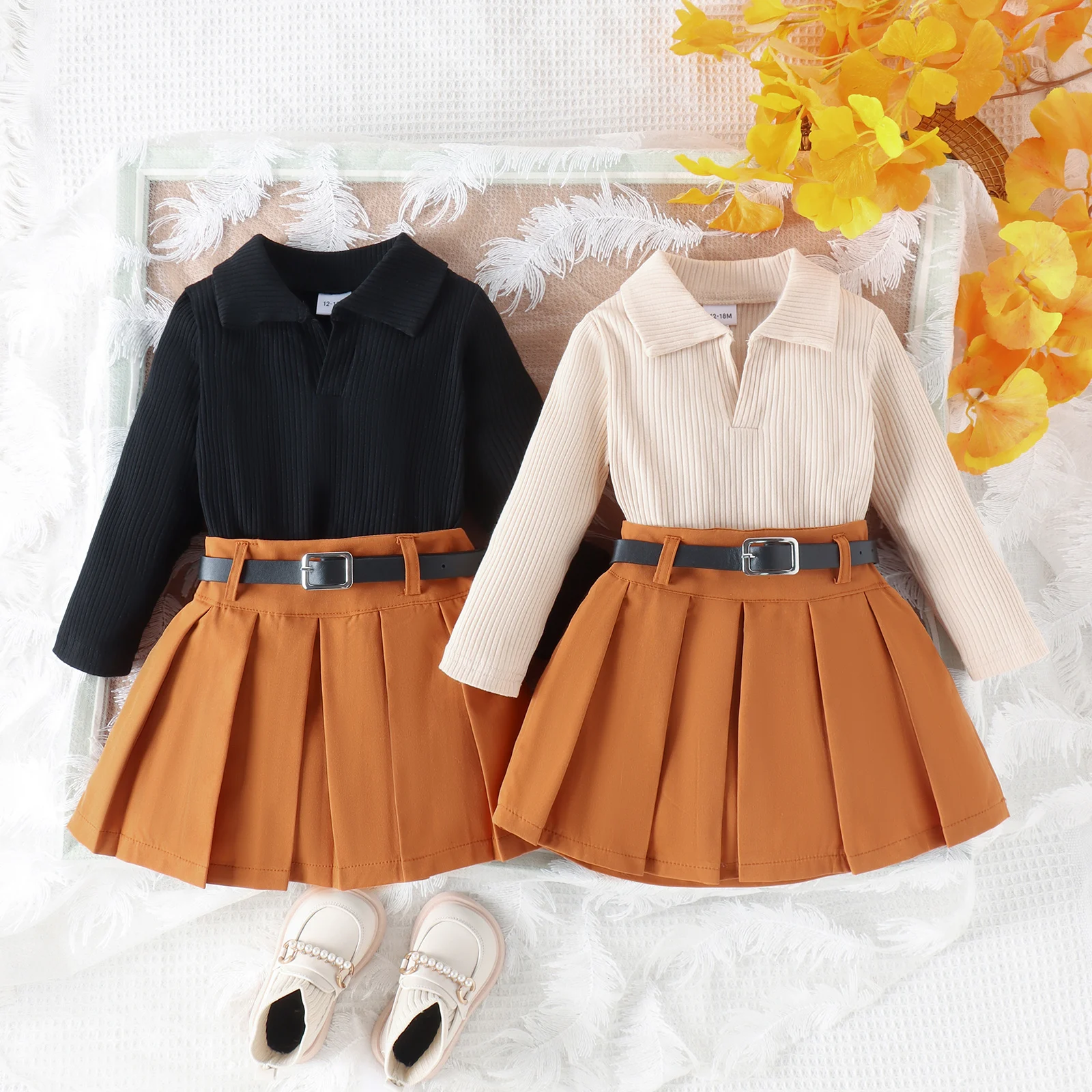 3PCS Autumn New Style 1-5 Year Old Girl Baby College Casual Solid Color Long-Sleeved Pit Top + Pleated Short Skirt Set