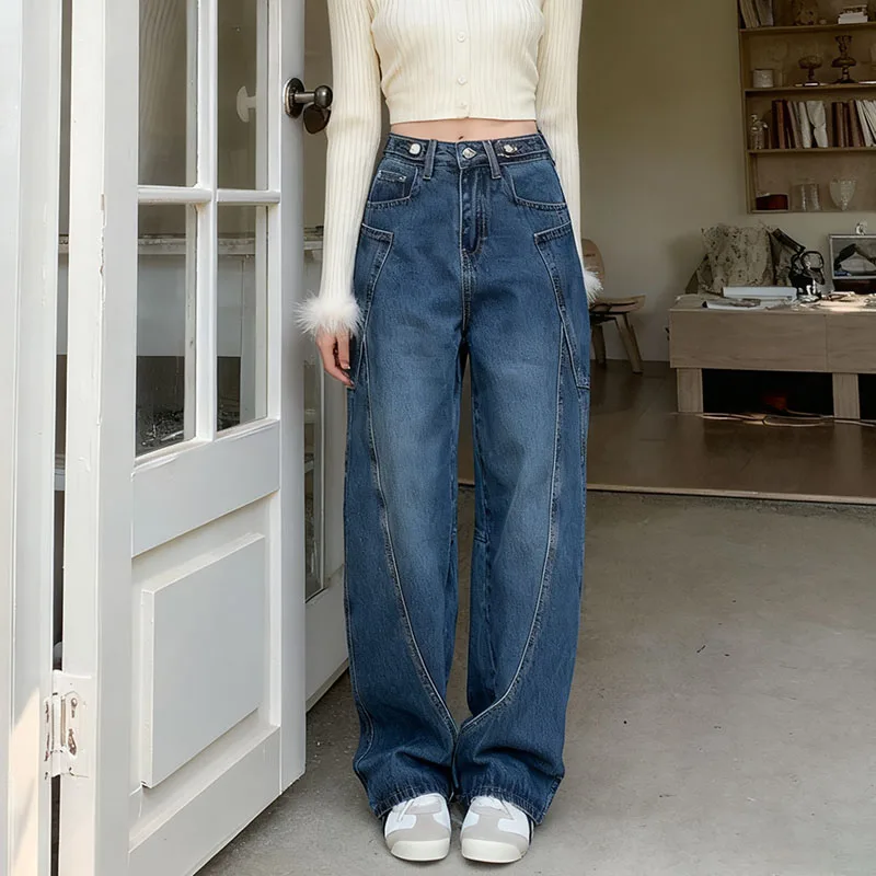 Otoño 2025 pantalones vaqueros de pierna ancha cónicos ajustados de cintura alta Y2K pantalones vaqueros azules Vintage Dongdaemun dobladillo curvo para mujer
