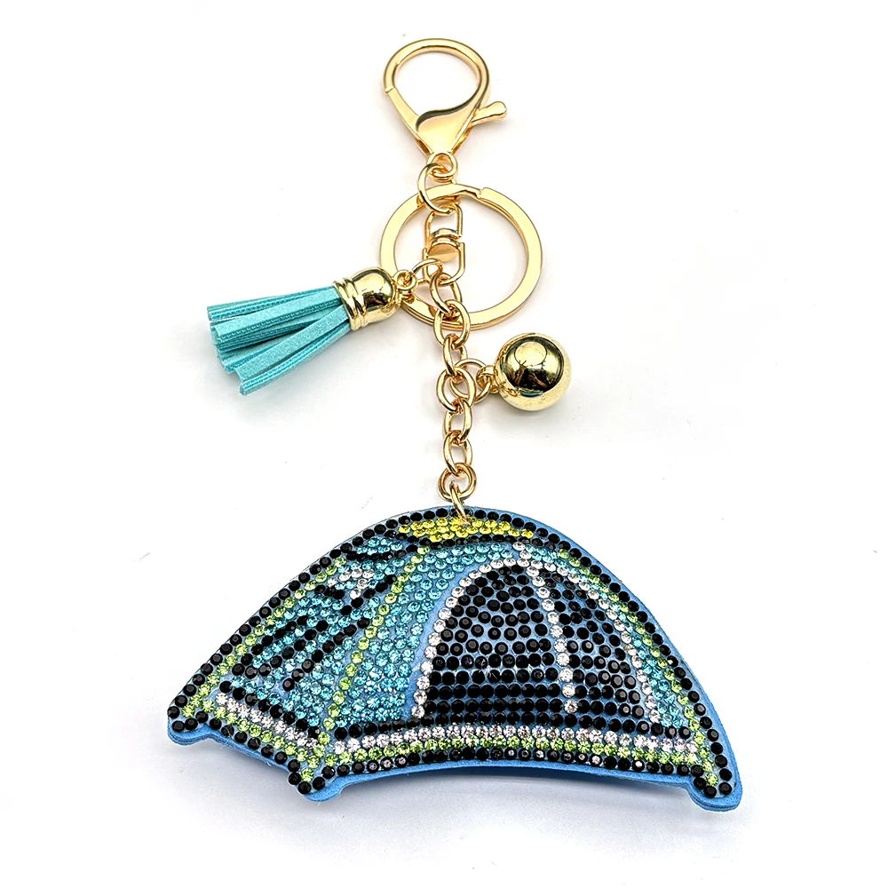 Fashion Tent Keyring For Women Men Full Crystal Blue Tassel Outdoor Camping Enthusiasts Backpack Decor Gifts Jewelry