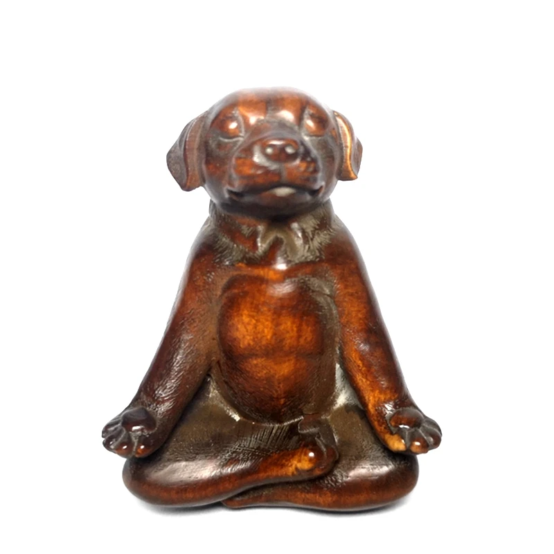 1919 Antique art Size 2.4 Inch Old Chinese Boxwood Wood Hand carved Yoga Dog Figure Statue Netsuke Decoration Gift Collectable