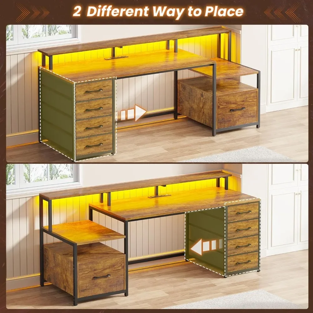 Home Office Desk with File Drawer & Power Outlet, 66'' Computer Desk with 5 Drawer, Storage Shelves, Printer Cabinet