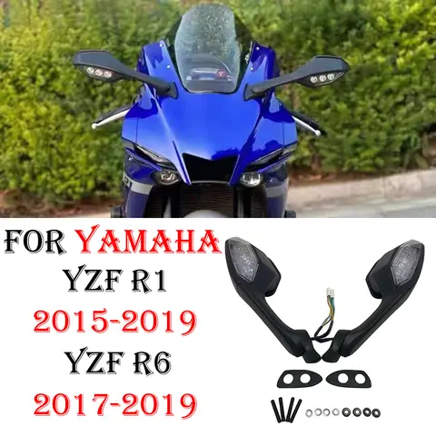 YZF R1 R6 블랙 L & R 오토바이 백미러 (방향 지시등 포함) YAMAHA R1 R6 YZF-R1 2015-2029 YZF-R6 2017 2018 2019 2029