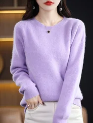 Autumn Winter New 100% Mink Cashmere Sweater Women' O-Neck Thick Knit Pullover Casual Loose Large Size Blouse Warm Female Jacket