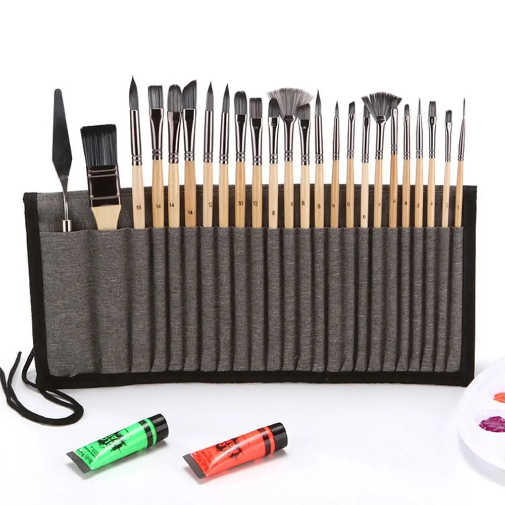 24 teile/satz Holzgriffe Acryl Pinsel Set Nylon Haar mit Tuch Rolle Fall Ölgemälde Pinsel Langlebig Bunte