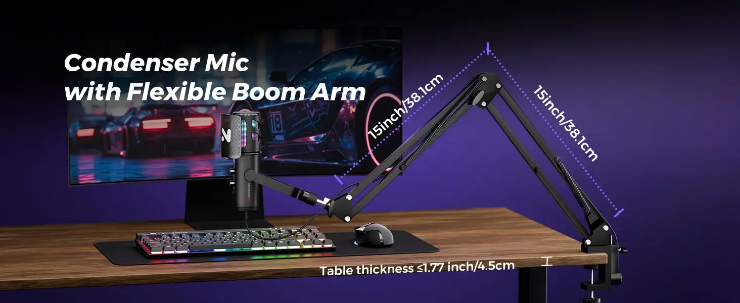NearStream USB/XLR-Kondensator-Mikro-Gaming-Mikrofon mit 8 RGB-Modi, Beleuchtung, Auslegerarm für Streaming auf PC/PS5, Gamer-Mikrofon – Detail 8