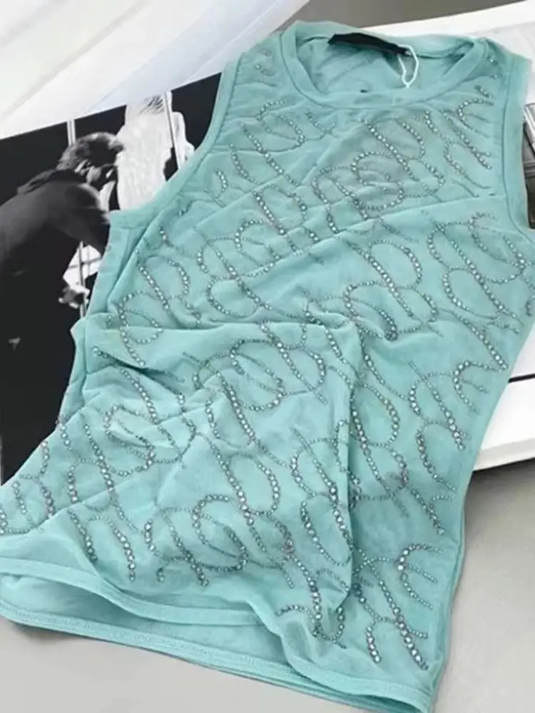 المرأة طبقة مزدوجة شبكة شفافة سترة مثيرة موضة حجر الراين أكمام Y2K شارع العليا يتعرض السرة المرأة تي شيرت