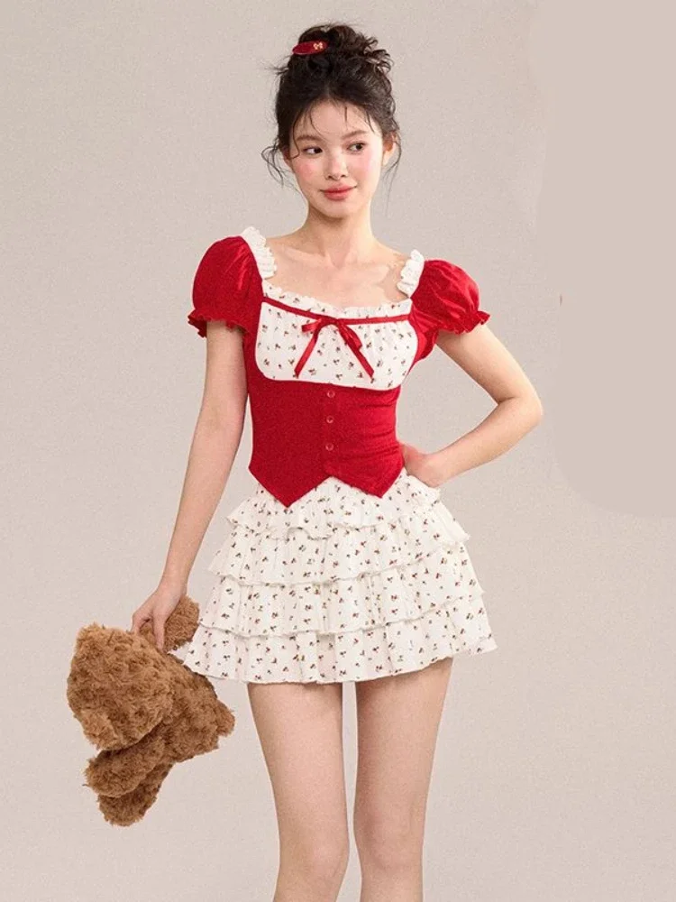 2024 Summer New Japanese Style Sweet 2 Piece Set Women Bow Red Casual Blouse + High Waist Cute Floral Y2k Mini Skirt Design