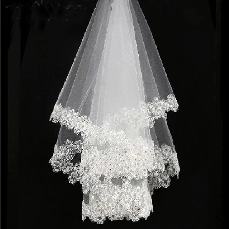 

New Arrival White Lace Edge Tulle Bridal Wedding Veils One Tier Beaded 120cm Bride Veil