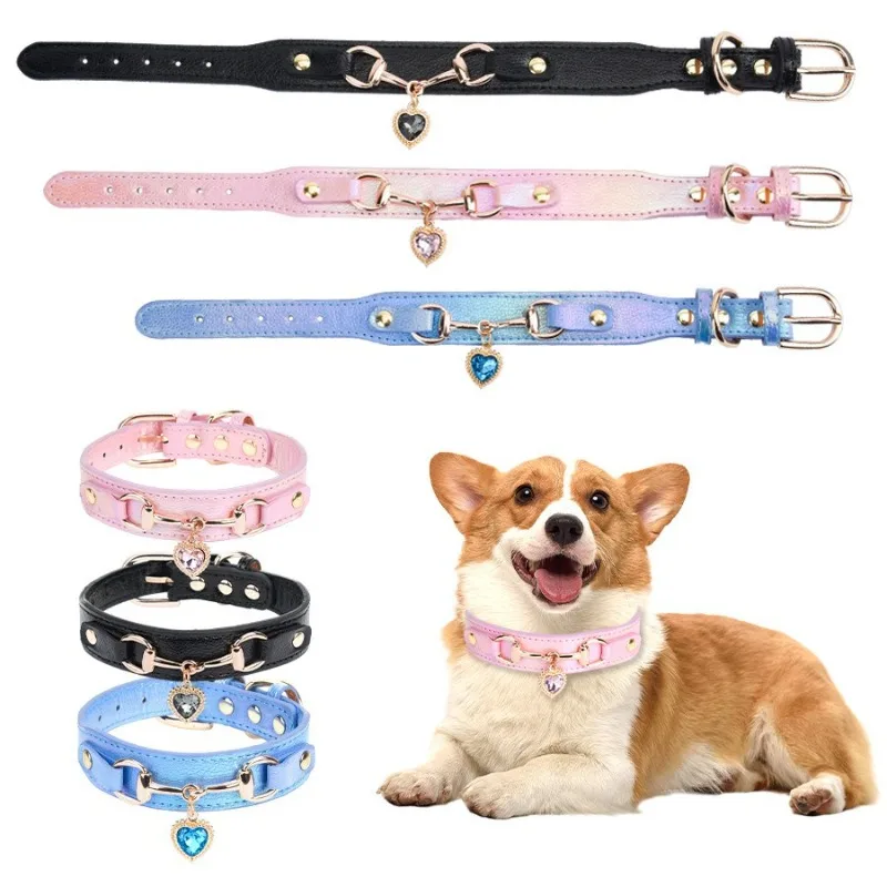 

Dog Collar,Heart-shaped Water Diamond Jewelry,PU Leather Collar,Metal Accessories,Small and Medium-sized Dog and Cat Neck Collar