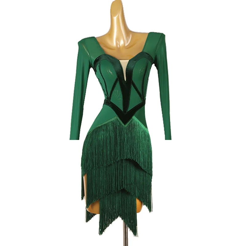 2024 New Latin Dance Performance Dress For Women Sexy Green Fringed Dress Adult Chcha Rumba Tango Female Latin Clothes DQL9242