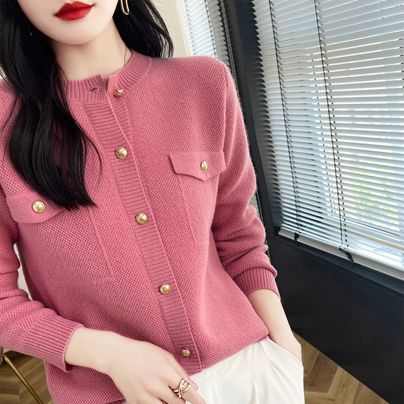 Women\'s Sweater Autumn/Winter New 100% Wool Coat Round Neck Knitted Cardigan Casual Loose Large Size Tops Long Sleeved Clothing