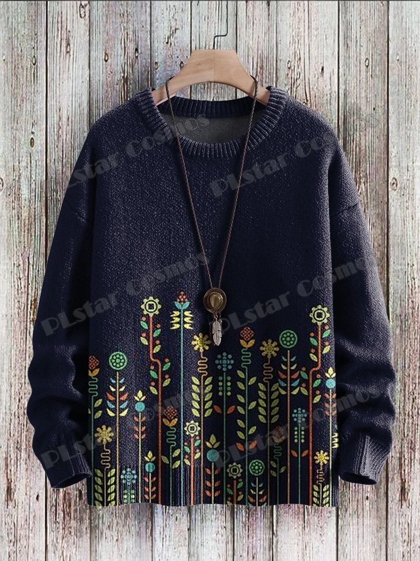 Halloween Vintage Ghost & Chief Hat Graphic 3D Printed Men's Knitted Pullover Winter Unisex Casual Knit Pullover Sweater ZZM64