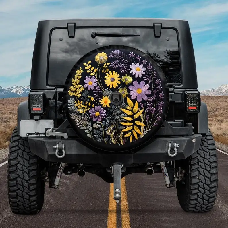 Faux Embroidery Tire Cover, Botanical spare Tire Cover yellow lavender, Unique Spare Tire Cover, Backup Camera Hole, Floral Car