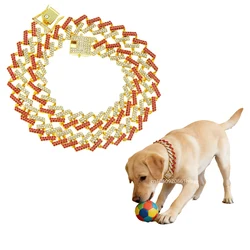 Luxury Bicolor Metal Secure Buckle Dog Collar Bracelet Bling Dia mond Pet Necklace Cuban Chain For Pitbull Big Dogs Jewelry 45cm