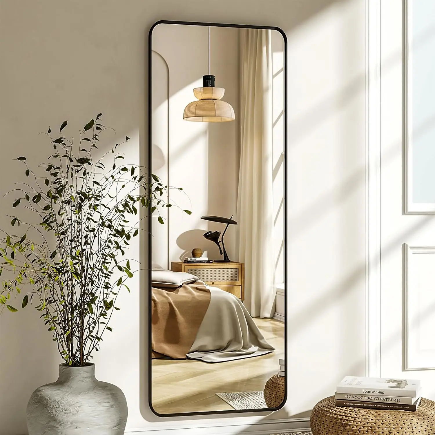 56x21 Inch Full-Length Mirror with Stand, Rounded Corners for Safety, Wall Mount or Lean, Black Frame