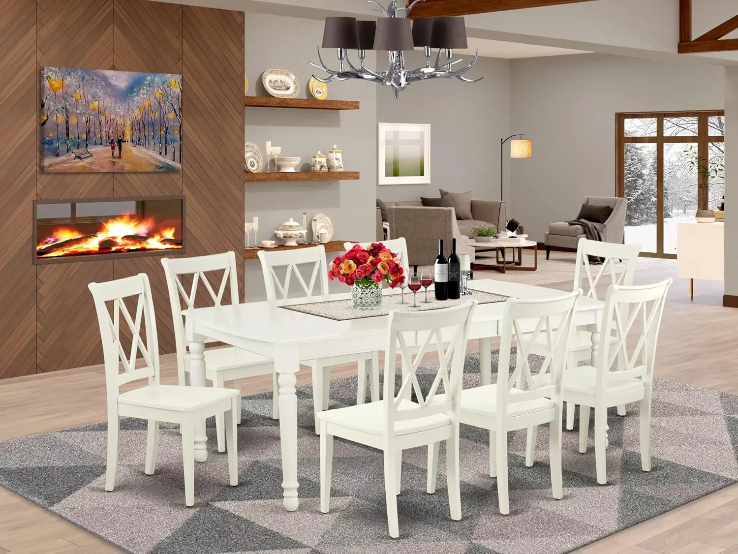 Rectangle Dining Table Set With Butterfly Leaf & 8 Chairs, 42x78 Inch Linen White, Customized