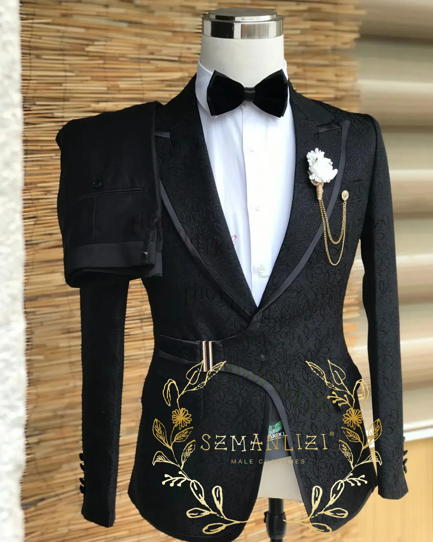 Double Breasted Black Floral Men Suits For Wedding Latest Designs Groom Tuxedos Peaked Lapel Suit Men Groomsmen Best Man Blazer