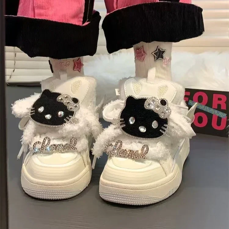 New Sanrio Cartoon Anime Hello Kitty Thick-soled Martin Boots Kawaii Winter Mid-tube Warm British Shoes Girls Holiday Gift