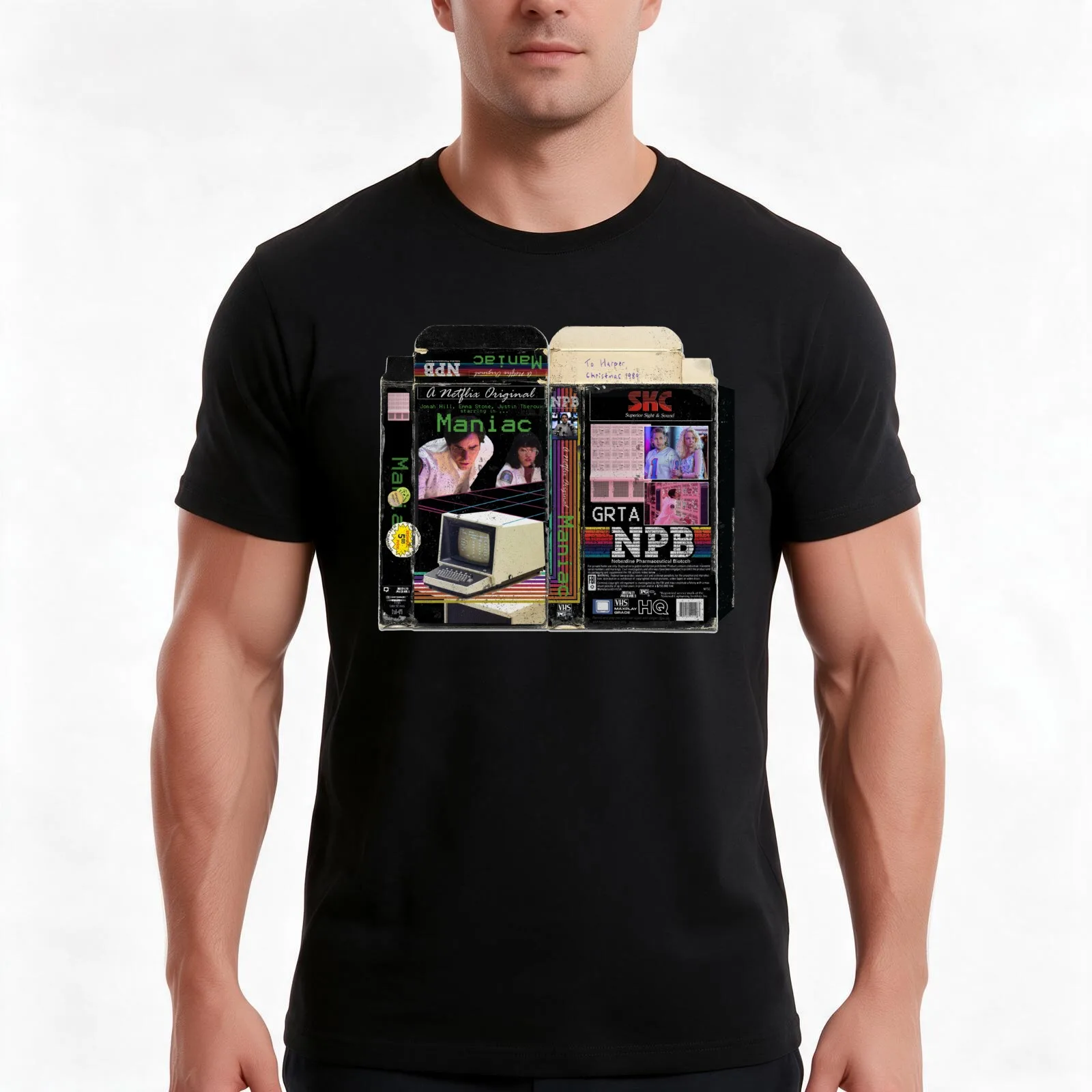Netflix Maniac VHS Cover T-Shirt, Summer Casual Cotton Tee, Oversized Streetwear Tops, Vintage Graphic Print, Unisex Men Women