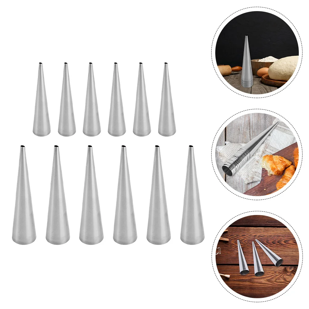 12 Pcs Croissants Spiral Baking Sticks Empty Pastry Tubes Bakeware Hollow Cannoli Tubular Shaped Molds Silver Cone