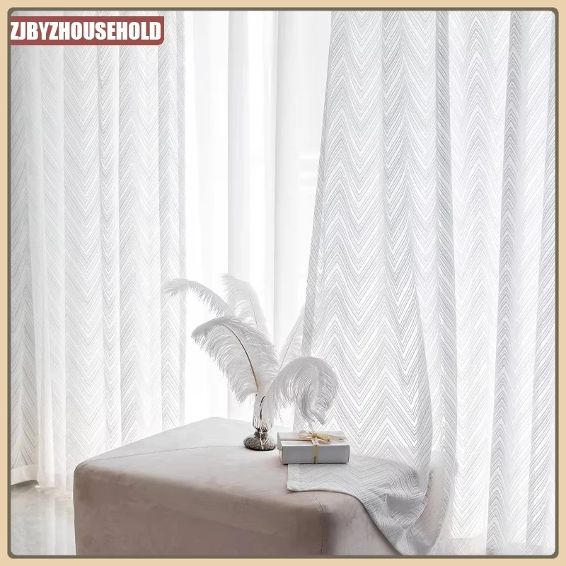 

Modern Geometric White Sheer Curtains for Living Room Waves Window Tulle Curtain Bedroom Voile Tassels Pompom Blind Custom Panel