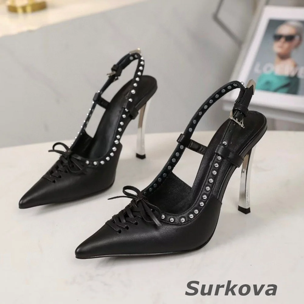 Pointed Toe Rivet Shallow Mouth Fashion Women's Shoes Thin Heel Cross Lacing Spring/summer New Buckle High Heels Casual Pumps