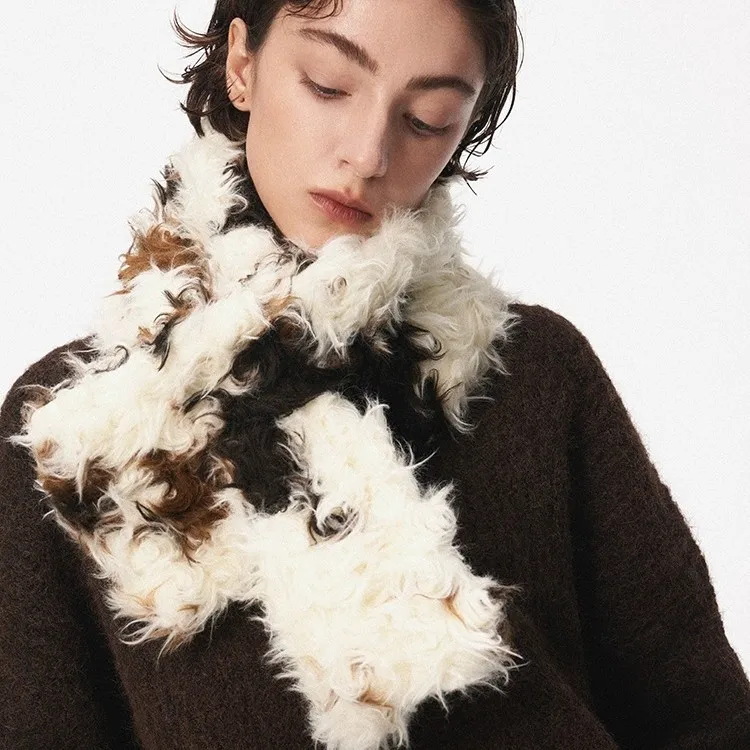 Women's Color-Blocked Faux Shearling Scarf Mixed-Color Fluffy Warm Retro Casual Winter Wrap 2026