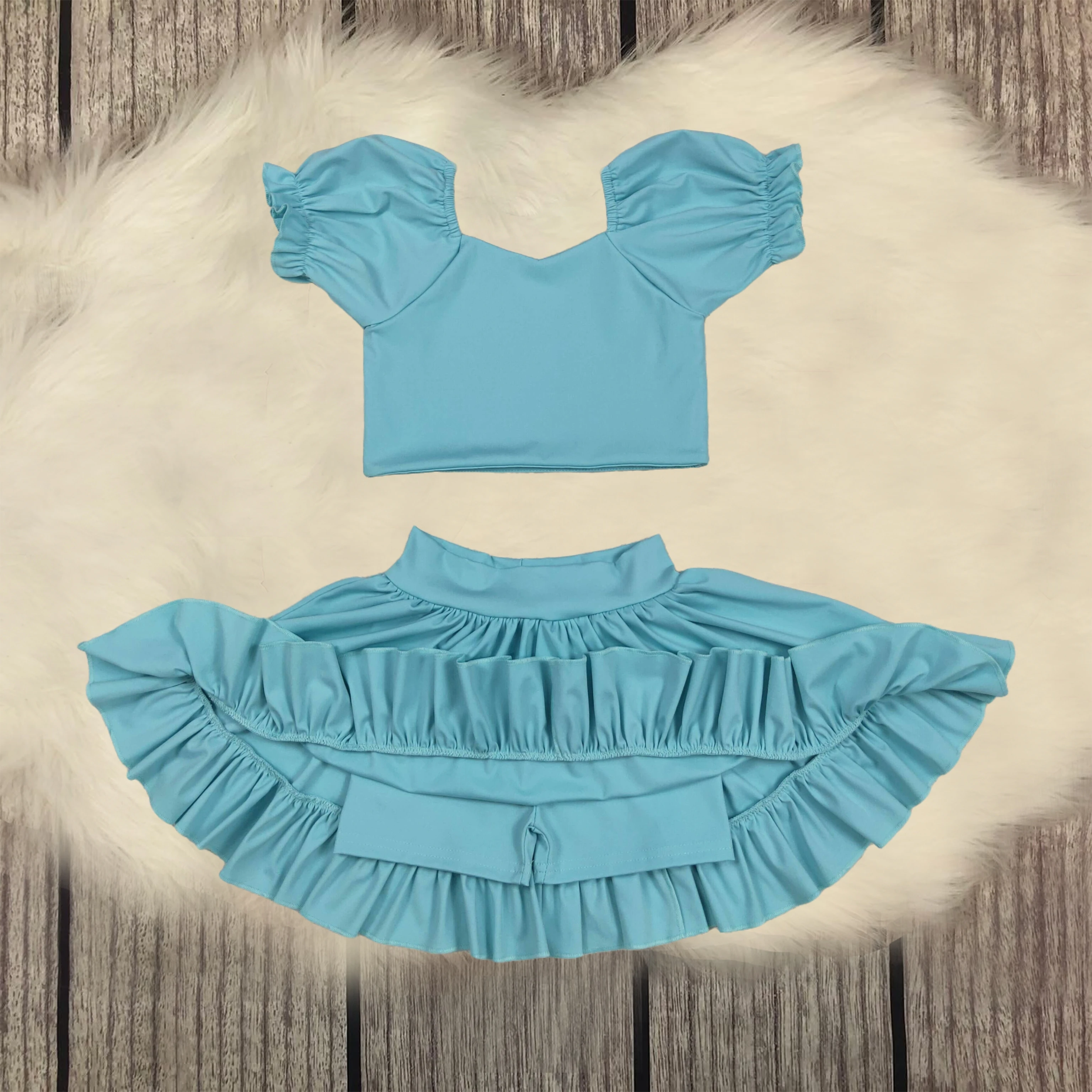 

Wholesale Baby Girls Blue Yoga Shirt Top Ruffle Skirt Shorts Clothes Sets Infant Summer Toddler Kids Children Boutique Outfit