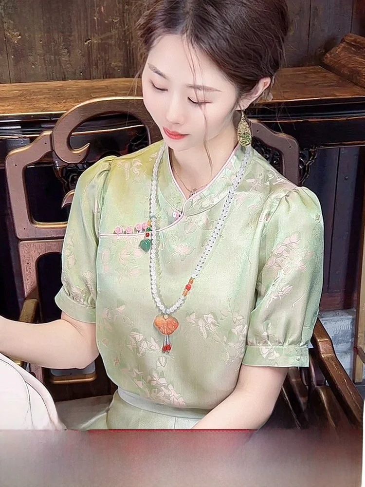 

New Chinese Sle Women's Silk irt ort Sve Breathable Comfortable Printed Straight Cut Commute Faion Summer Top