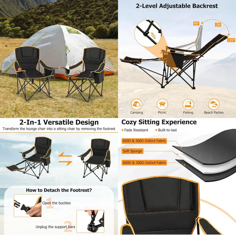 

Портативное кресло-реклайнер для кемпинга со съемной подставкой для ног, складной шезлонг с подстаканником и сумкой для хранения для активного отдыха на природе