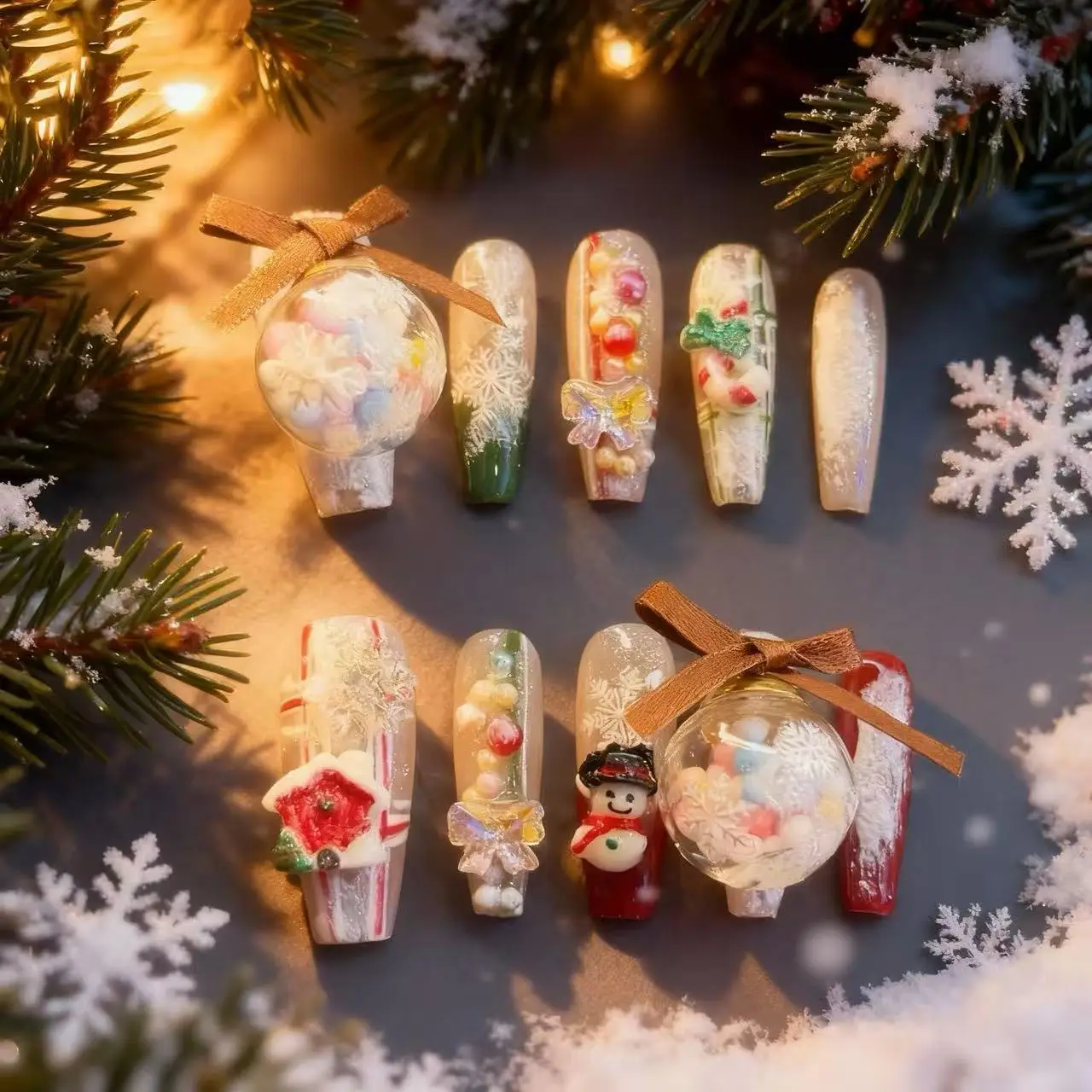 

10 шт., рождественский новогодний стиль с рождественскими елками, медведями, снежинками, снеговиками, съемными чистыми накладными ногтями ручного прессования