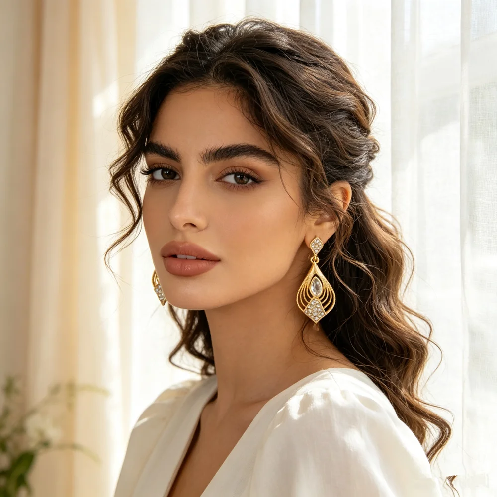 Women Gold Plated Teardrop Dangle Earrings Hollow Crystal Rhinestone Drop Earrings Arabic Bridal Party Jewelry