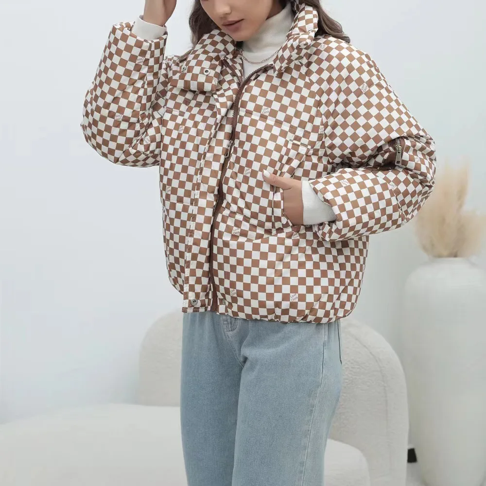 سترة قطن دافئة غير رسمية موضة شتاء جديدة بياقة واقفة وسحاب وأكمام طويلة سترة خبز قصيرة معطف منقوش مطبوع للنساء #3