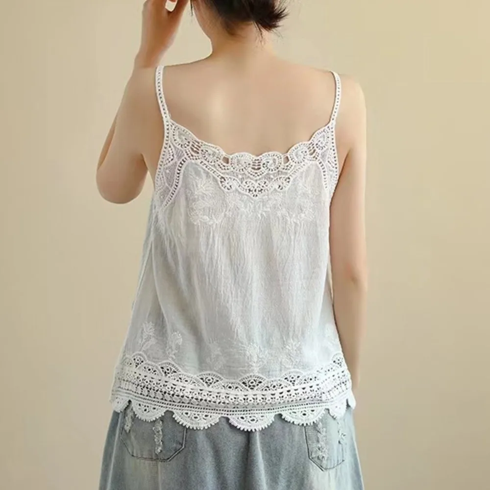 Retro Bohemian Embroidered Camisole Cotton Linen Fabric Sleeveless V Neck Camisole Hook Flower Hollow Out