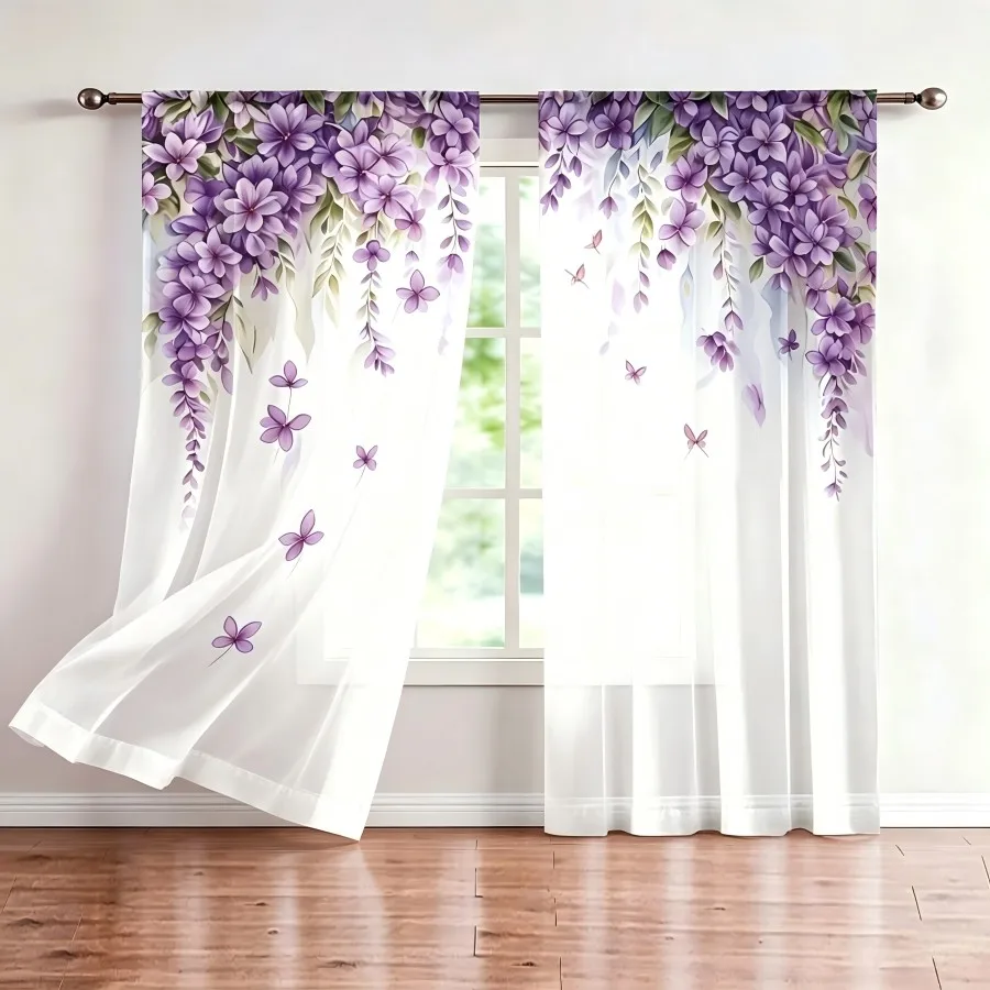 2PCS Digital Print Sheer Curtain, Wisteria Flower Butterfly Floral Garden Window Drapes for Living Room Bedroom Home Decor