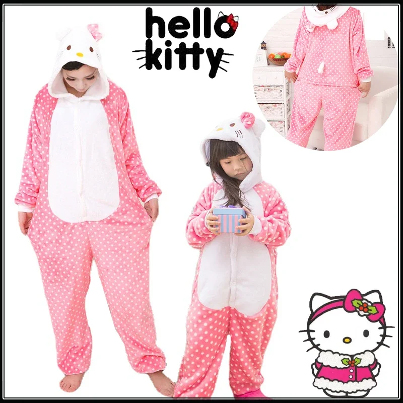

Hello Kitty Pajamas Women Thicken Warm One Piece Pajamas Winter Kids Flannel Hooded Jumpsuit Soft Sleepwear Homewear Clothes