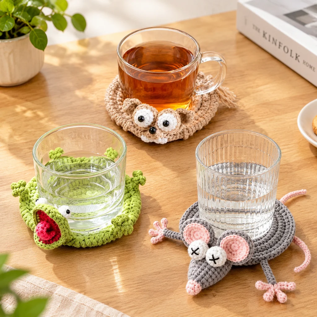 Funny Pop-Up Cup Mat Crochet Mouse Coaster Lizard Coaster Cute 3D DIY Handmade Finished Funny Amigurumi