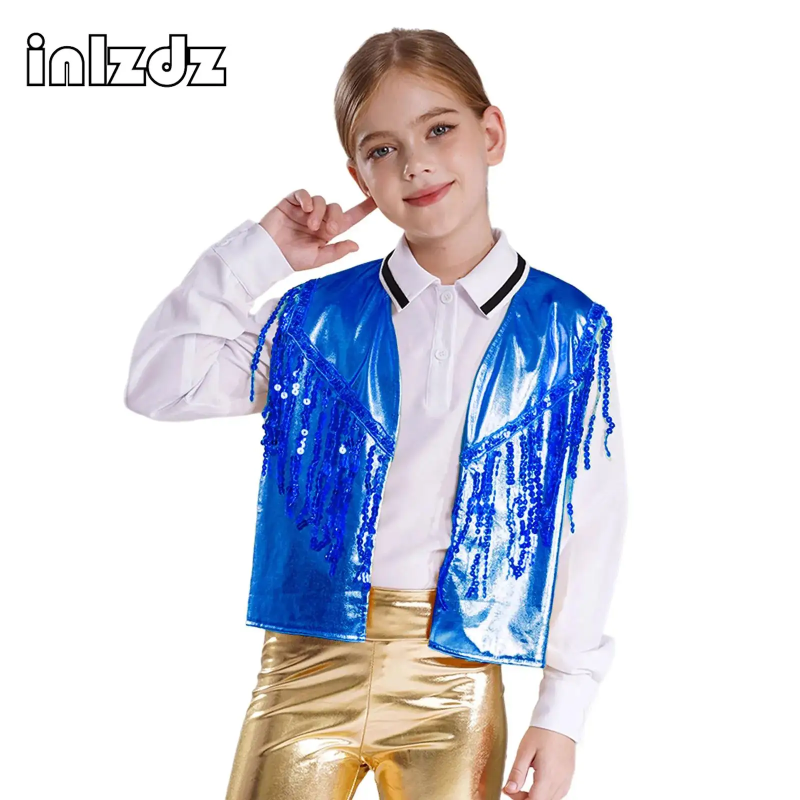 

Kids Modern Latin Jazz Dance Vest Boys Girls Sequin Tassel Waistcoat Tops Stage Performance Costume Hip-hop Street Dance Wear